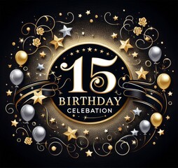 Elegant 15th birthday banner with gold and silver balloons, stars, and florals on black background