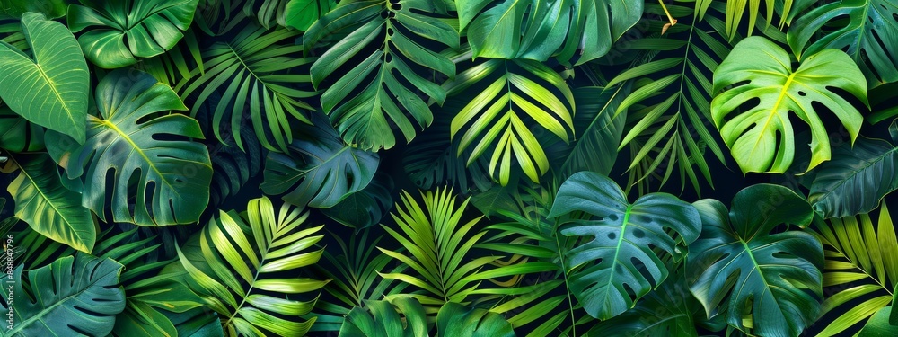 Wall mural Seamless pattern of lush tropical foliage, including palm leaves, ferns, and monstera leaves.