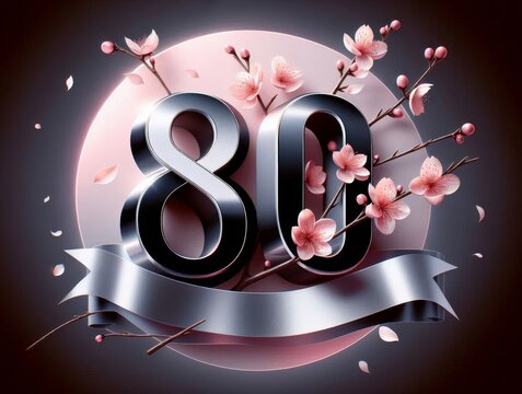 Elegant 80th celebration with cherry blossoms and sleek metallic ribbon on a glowing pink background - Powered by Adobe