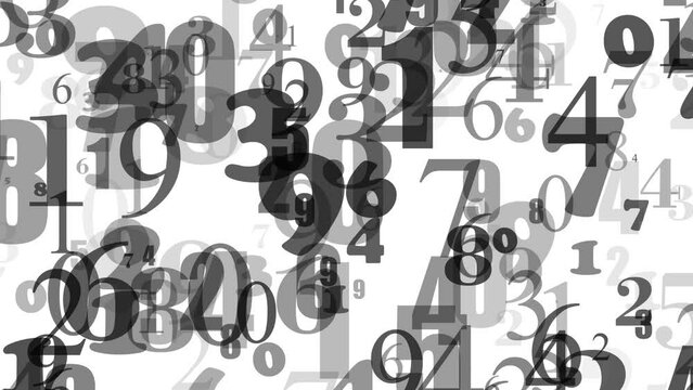 Frame full of numbers, loops.
Different size numbers moving through the frame. Loops.