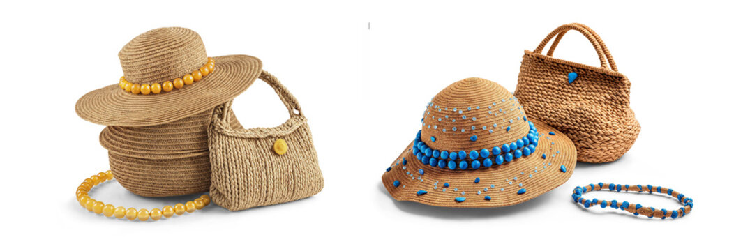 set of raffia or raphia hat and hand bag made of straw for sunny summer holiday and vacation accessories design, isolated on transparent png background