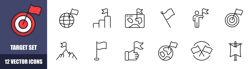 Target set icons. Purpose of the icon. Linear style. Vector icons.