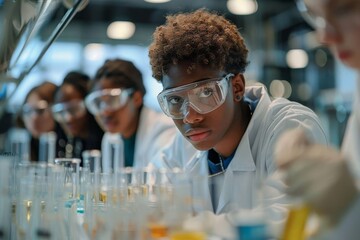 A vibrant and dynamic high school classroom scene featuring a diverse group of students engaged in advanced educational activities. The students are actively participating in discussions, working on