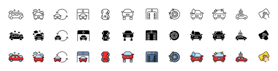 Car wash set icons. Machine Icons. Linear, silhouette and flat styles. Vector icons.