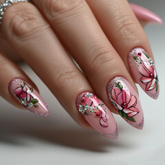  A close-up view of a hand with a professional manicure, featuring glossy black polish on long oval-shaped nails