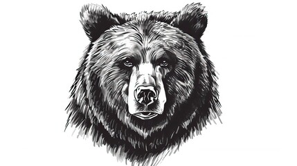 Vector pen and ink hand drawn illustration of a bear head portrait facing forward, Bear Drawing