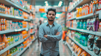 An indian man in supermarket.