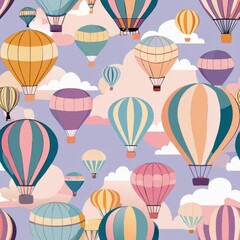 Fototapeta premium Seamless pattern of pastel hot air balloons drifting across a soft sunrise or sunset sky, symbolizing freedom and adventure, Generative AI