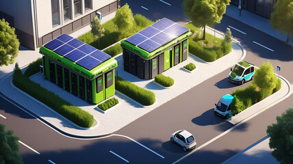 Smart urban ecology isometric solar battery buildings and electric bus stop in a green city 