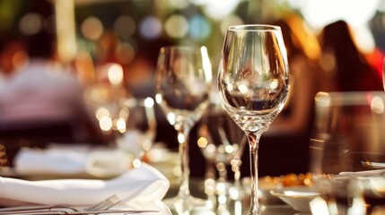 arrangement of glasses on a table for a party or special event. New Year background, wedding party or birthday party.