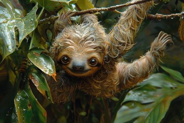 Obraz premium A baby sloth hanging upside down from a tree branch, with a slow and content expression. The background shows a tropical rainforest