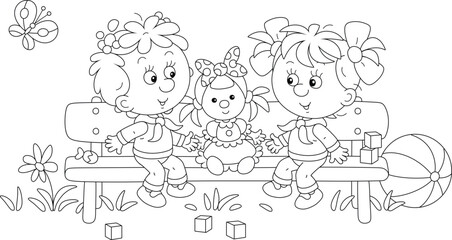 Happy little girl playing with her funny toy doll on a small bench in a park on a warm summer day, black and white vector illustration for a coloring book
