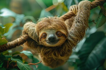 Naklejka premium A baby sloth hanging upside down from a tree branch, with a slow and content expression. The background shows a tropical rainforest