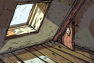 Cartoon cute doodles of a secret hatch in the floor of an old attic, Generative AI