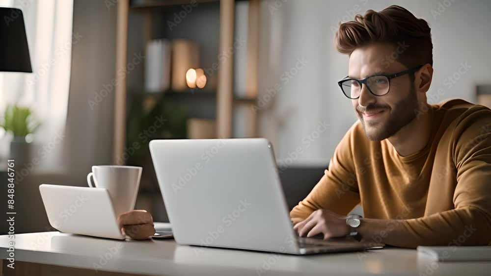Poster man smiling while working on laptop generative ai