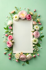 Delicate floral frame on pastel green background with blank card mock up.