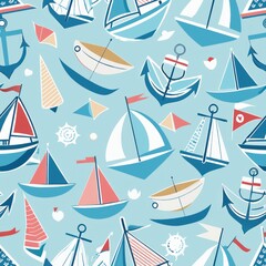 Seamless pattern of pastel sailboats, anchors, and nautical ropes on a serene sea background, invoking a sense of adventure and exploration, Generative AI