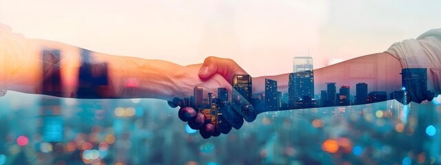 Handshake Symbolizing Partnership and in Urban Skyline