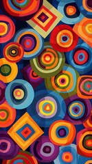 repeating pattern of concentric circles and squares in bold colors