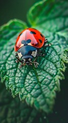 Fototapeta premium Close up of a Vibrant Ladybug Crawling on a Green Leaf with Intricate Details