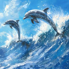 Fototapeta premium Playful Dolphins Leaping and Frolicking in Crashing Ocean Waves with Dynamic and Joyful Movement