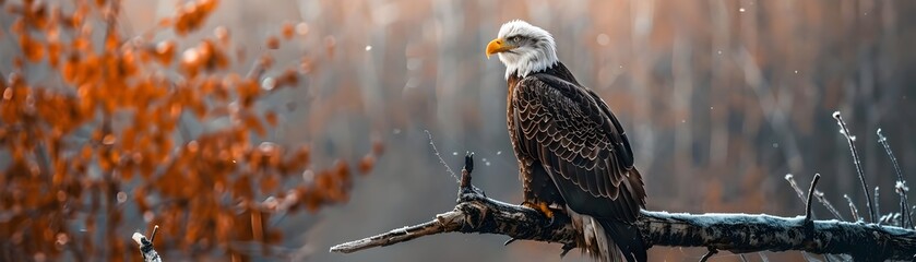 Majestic Bald Eagle Perched on Branch Surveying Wilderness Landscape