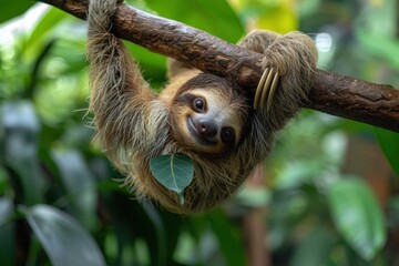 Fototapeta premium A baby sloth hanging upside down from a tree branch, with a slow and content expression. The background shows a tropical rainforest