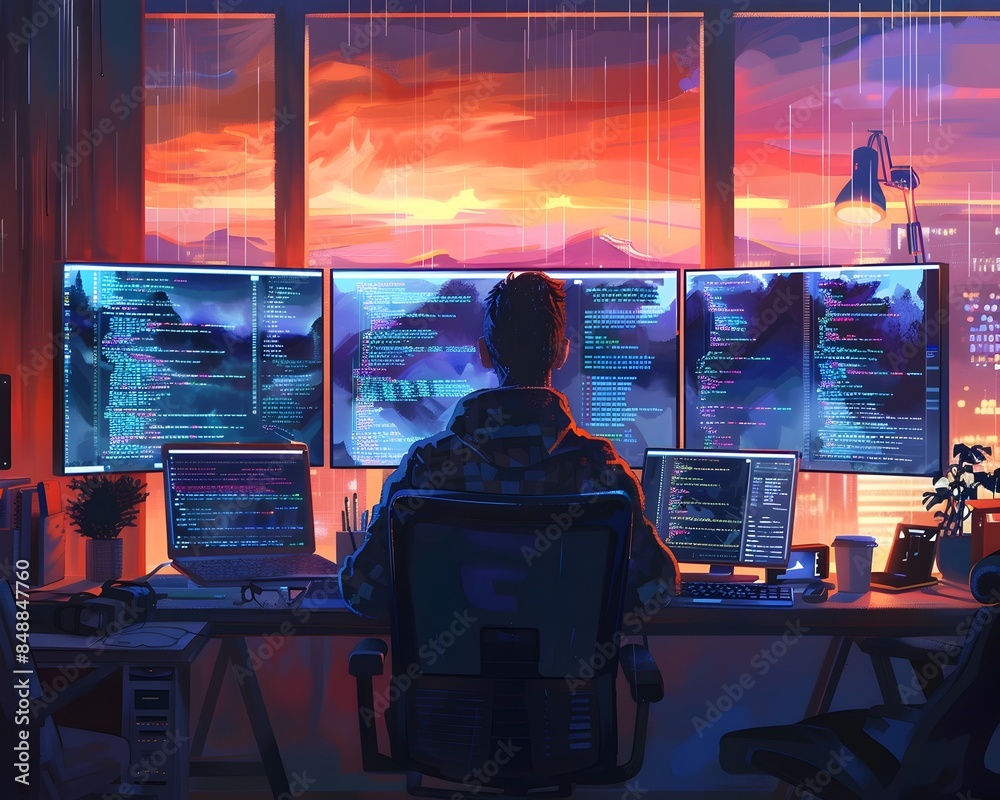 Poster programmer coding late at night with glowing screens and determination