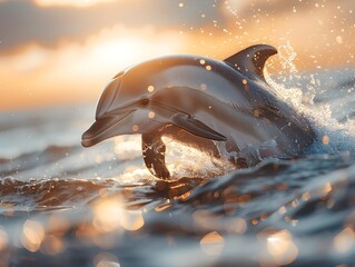 Graceful Dolphin Leaping Out of the Vibrant Ocean at Sunrise with Sparkling Water Droplets