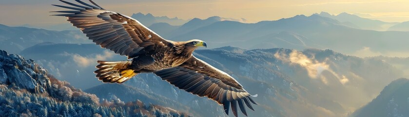 Naklejka premium Majestic eagle soaring over breathtaking mountain peaks against expansive sky symbolizing freedom and power