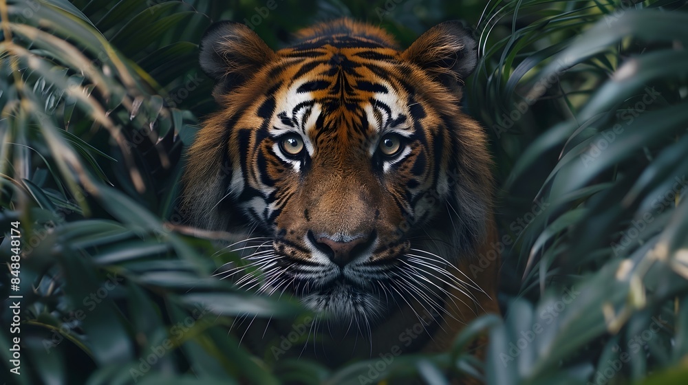 Canvas Prints Powerful Tiger Prowling Through Dense Jungle Foliage Intense Gaze Stealthy Animal Concept with Copy Space