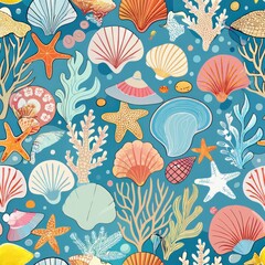 Obraz premium Seamless pattern of pastel seashells and coral reefs in a tranquil underwater scene, showcasing the beauty and diversity of marine life, Generative AI