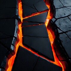 A crumbling black surface with a matte texture consisting of geometric shapes with the borders crudely carved into the surface. 