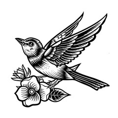 A bird is perched on a branch with flowers in the background. The bird is small and white, and the flowers are pink. The image has a peaceful and serene mood, with the bird