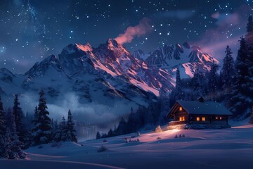 Peaceful mountain landscape at night with a cozy cabin and starry sky - Powered by Adobe