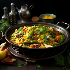 Vegetable pilaf with rice and vegetables. Indian cuisine.