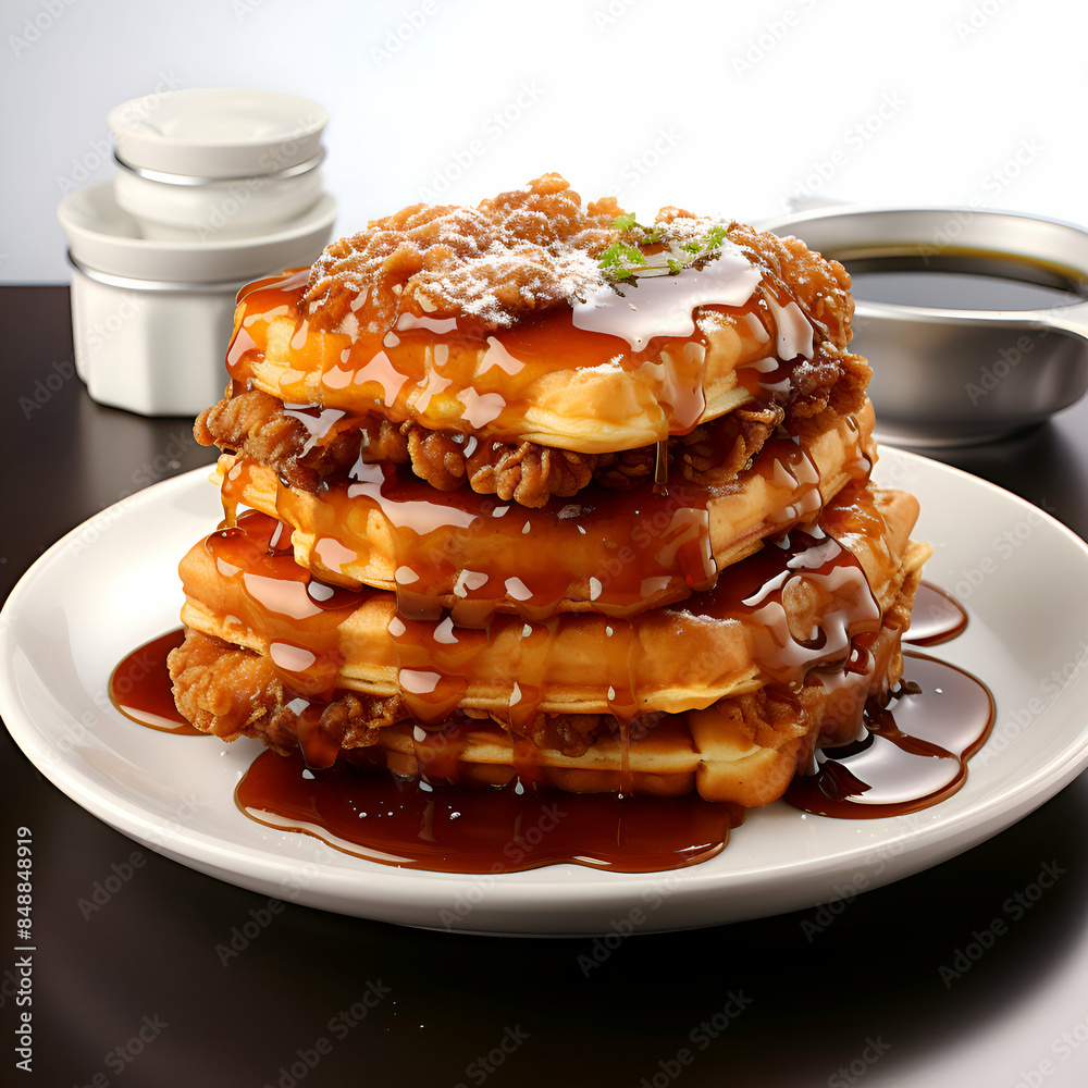 Canvas Prints stack of pancakes with honey and nuts on a white plate on a black background