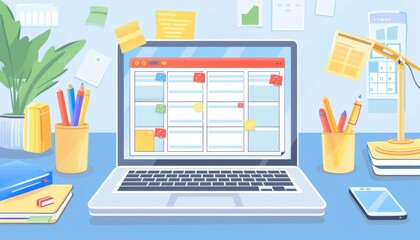 Organized Workspace with Laptop, Digital Calendar, and Task Management App Surrounded by Office Supplies