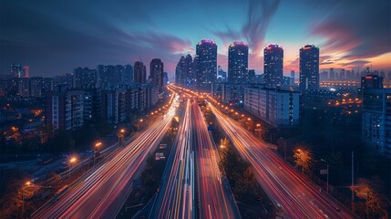 Obraz premium High-speed photography of a city highway with tall buildings in the background, light trails from cars passing in the style of light exposure effect, urban landscape. Generative AI.