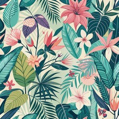 Fototapeta premium Seamless pattern of pastel tropical leaves and flowers in a lush jungle setting, transporting you to a tropical paradise, Generative AI