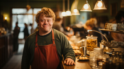 Cheerful Coffee Shop Employee with Down Syndrome, intellectual disability, inclusion 