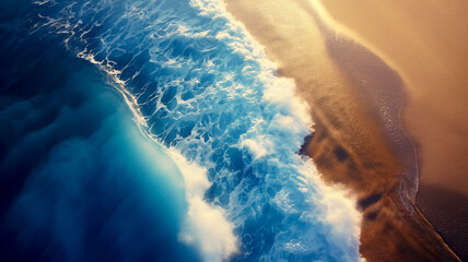 Aerial view of ocean waves crashing on the beach, creating a dramatic and dynamic scene. The blue water reflects sunlight as it surges against sandy shore.