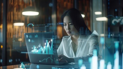 Modern Businesswoman Analyzing Digital Charts on Laptop in Office Environment