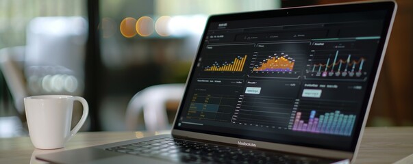 Digital Business Intelligence Software Interface with Real-Time Data Analysis on Laptop Screen