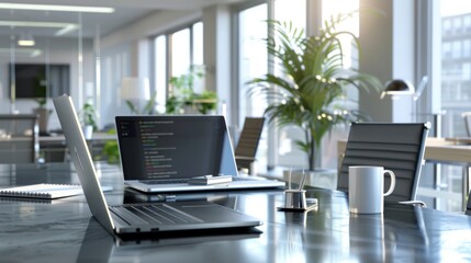 Contemporary Office Workspace with Laptop Showing Project Management Tool for Team Collaboration and Task Tracking