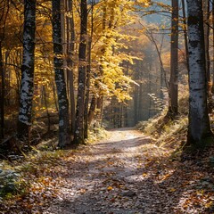 Obraz premium Scenic Autumn Forest Path with Vibrant Foliage and Clear Trail