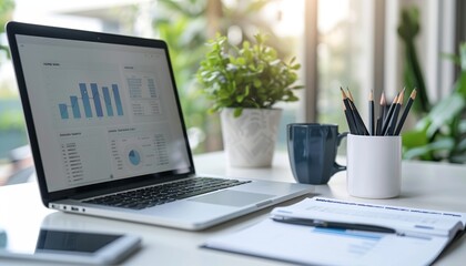 Fototapeta premium Modern Business Office Setup with Laptop, Financial Documents, and Digital Dashboard Showing Performance Metrics