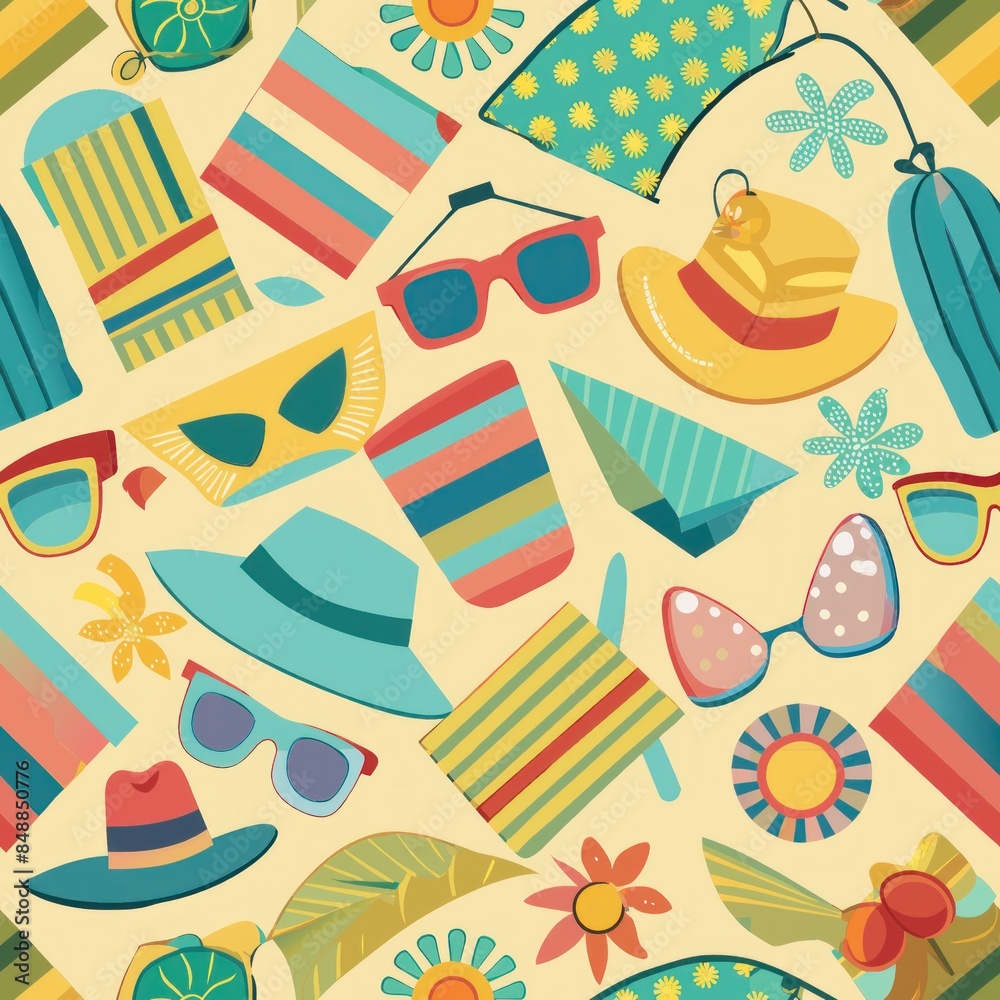 Wall mural Seamless pattern of pastel-colored sunglasses, sun hats, and beach towels arranged in a cheerful summer montage, celebrating the joys of the season, Generative AI - Wall murals