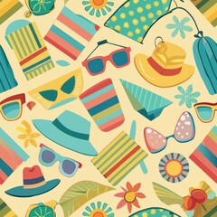Fototapeta premium Seamless pattern of pastel-colored sunglasses, sun hats, and beach towels arranged in a cheerful summer montage, celebrating the joys of the season, Generative AI