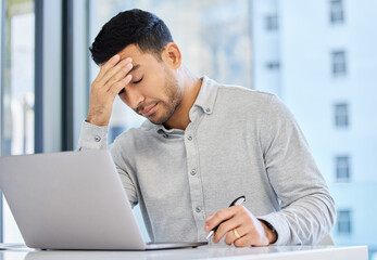 Man, headache and laptop in office, tired and thinking with stress for deadline, burnout or...